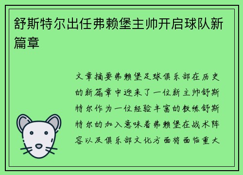 舒斯特尔出任弗赖堡主帅开启球队新篇章